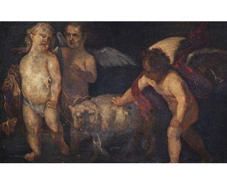Flemish school, follower of Peter Paul Rubens (1577-1640): Three angels accompany a sheep, oil on panel -- Description: Work: