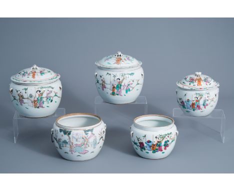 Five Chinese famille rose jars and jars and covers with figures in a landscape all around, 19th C. -- Description: H 20 - 13 
