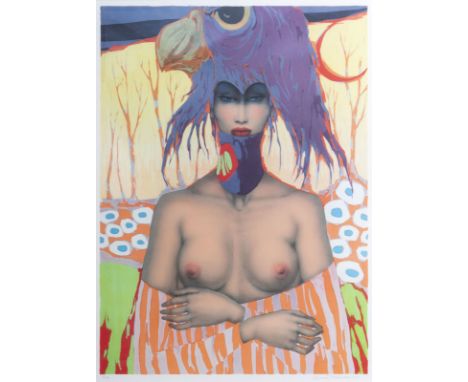 Jef Van Tuerenhout (1926-2006): 'Femme au chapeau oiseau', lithograph in colours, ed. E/A -- Description: Work: about 77 x 55