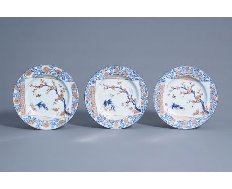 Three Chinese Imari style plates with a scroll with a bird among blossoming branches, Yongzheng -- Description: Dia.: 22,2 cm