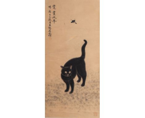 Chinese or Japanese school, ink and colour on paper, 20th C.: A black cat and a butterfly -- Description: The painting: 107 x