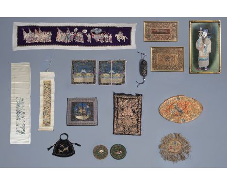 A varied collection of Chinese embroidered textiles, 19th/20th C. -- Description: Various dimensions.Ê Work: 136,5 x 30 cm (t