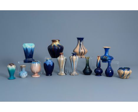 Fourteen polychrome Art Nouveau vases, a.o. Thulin and Astoria, first half of the 20th C. -- Description: H 19,3 - 8,7 cm