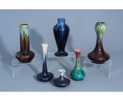 Six polychrome Art Nouveau vases, a.o. Thulin, first half of the 20th C. -- Description: H 30,2 - 11 cm (the tallest and the 