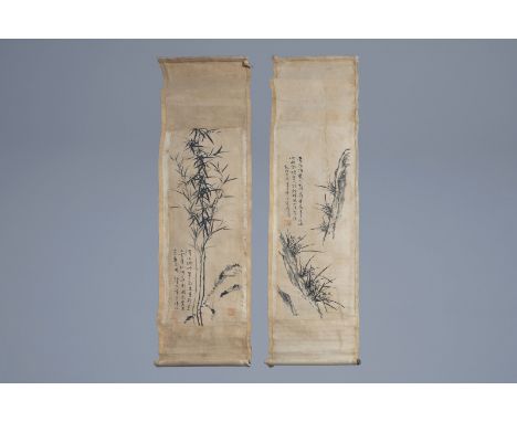 Chinese school, ink on paper, 19th C. or earlier: Two works with floral designs -- Description: The painting: 89,3 x 32,3 cm 