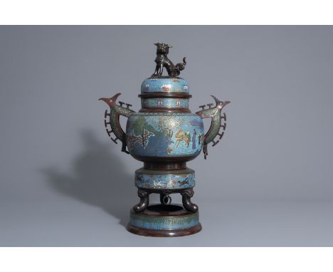 A large Japanese champlevŽ enamel and bronze incense burner, Meiji, 19th/20th C. -- Description: H 61,5 cm