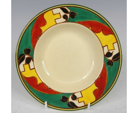 A 1930s Clarice Cliff circular shallow bowl, bright colour painted abstract decorated to the border, printed marks verso, dia