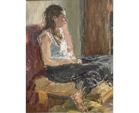 John Linfield (b.1930) - Portrait of Laura, oil on artist board, signed and dated 1990 lower left, with The Mall Galleries la