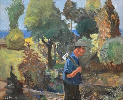 Gunnar S. Malm (1909-1986) - Man with axe in tree-lined landscape, oil on artist board, signed lower left, 38 x 46cm 
