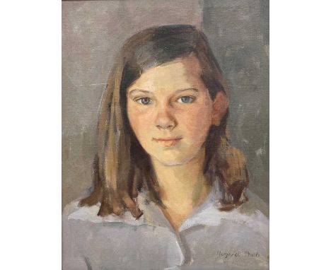 Margaret Peach - Head and shoulders portrait of a girl, oil on canvas, signed lower right, 51.5 x 40cm 