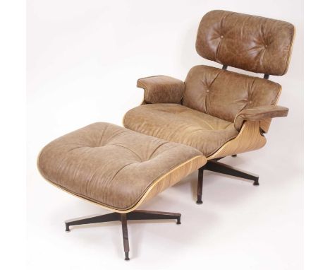 After Charles &amp; Ray Eames - a plywood shell and tan leather buttoned upholstered swivel lounge chair and ottoman (670 &am