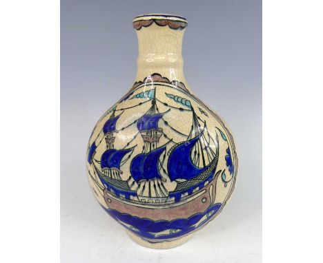 An early 20th century crackle-glazed ceramic bulbous form vase, decorated with opposing stylised sailing ship, unsigned, h.28