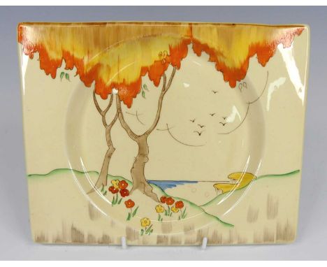 A 1930s Clarice Cliff Taormina pattern pottery square plate, with circular dished inset, typically bright colour decorated, b