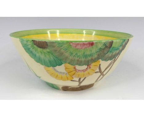 A 1930s Clarice Cliff pottery circular footed table bowl in the Viscaria pattern, bright colour floral painted, black printed