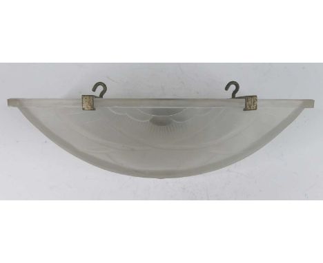 J. Robert of Paris - a French Art Deco moulded glass ceiling shade, with iron suspended light fitting, the shade with frosted