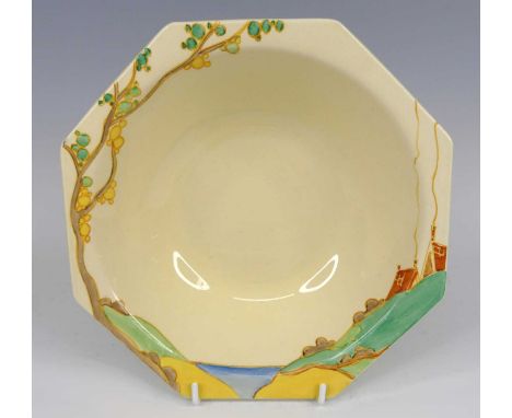 A 1930s Clarice Cliff pottery octagonal table bowl in the Secrets pattern, with painted outer decoration, black printed backs