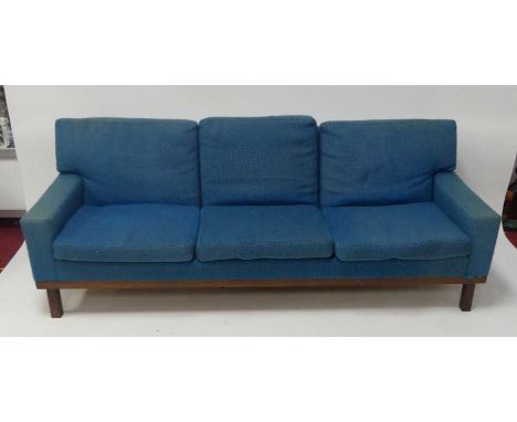 A 1960s Danish rosewood framed three-seater sofa, with blue cloth fabric upholstery, on square supports, w.196cm