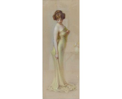 Gaston Bouy (1866-1943) - Full-length portrait study of a young lady in flowing dress, pastel heightened in body colour, sign