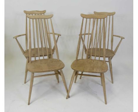 A set of four Ercol light elm stickback Goldsmith dining chairs, each in stripped-back condition (4+2), elbow chair w.61cm, s