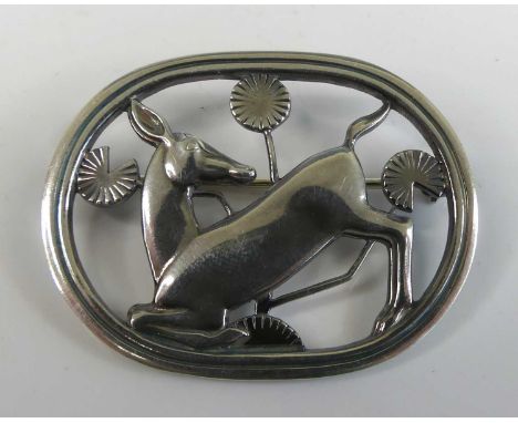 Arno Malinowski (1899-1976) for Georg Jensen - a Danish sterling silver oval recumbent deer brooch, stamped marks and numbere