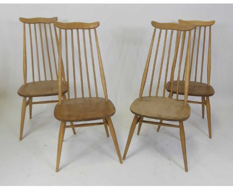 A set of four Ercol light elm stickback Goldsmith dining chairs, raised on turned supports, w.43cm