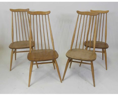 A set of four Ercol light elm stickback Goldsmith dining chairs, raised on turned supports, w.43cm