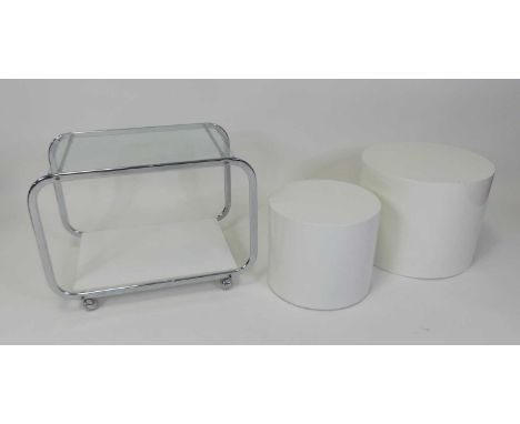 A pair of 1970s white gloss laminate circular low occasional tables, the largest h.38.5cm, dia.48cm; together with a 1970s ch