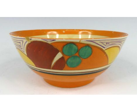 A 1930s Clarice Cliff pottery circular table bowl in the Melons pattern, typically bright colour painted, black printed backs