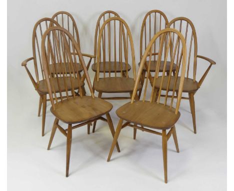 A set of eight 1960s Ercol blond elm Windsor Quaker dining chairs, having slightly shaped seats and on turned supports (6+2),