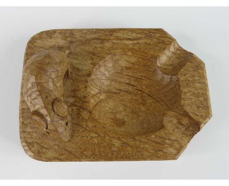 Robert 'Mouseman' Thompson - a carved oak ashtray, with twin cigarette rests and typical carved signature mouse, 10.3 x 7.6cm