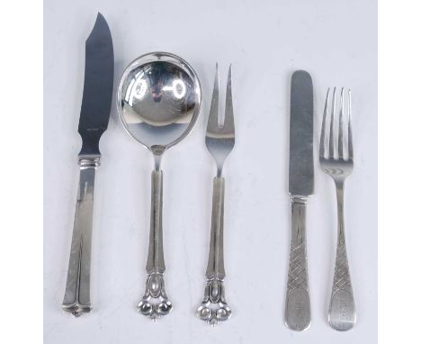 A collection of 20th century silver plated flatware, comprising a Danish three-piece serving set by Cohr in the Monica patter