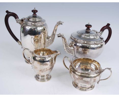 A 1960s silver four-piece tea and coffee set, comprising; coffee pot, teapot, sugar and cream, each piece having a plain bulb