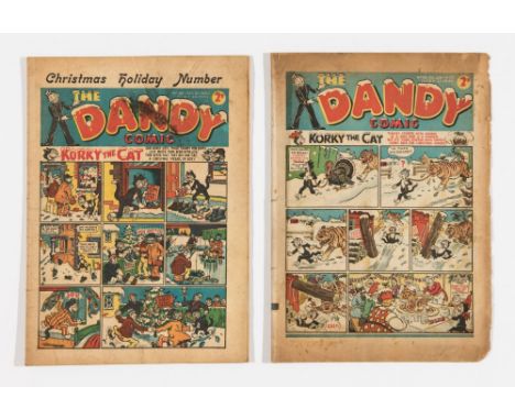 Dandy Xmas issues 108 (1939), 160 (1940). No. 108: dull cover margins, worn brittle edges [pr/fr], No. 160: grubby cover, lig