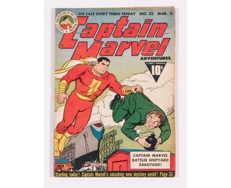 Captain Marvel Adventures 22 (1943). Cover dust shadow. Light staple discolouration [fn-]