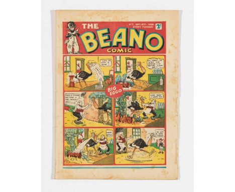 Beano No 7 (1938). Bright cover with two thumb-size margin pieces missing from RH edge. Pg 3 has 7 ins tear with no loss. Cre