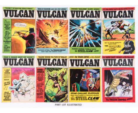 Vulcan (1975-76) 4, 7, 9-14, 15 x 2, 16-19, 21, 22, 23 x 2. Reprinting The Spider, Trigan Empire, Mytek The Mighty, Steel Cla