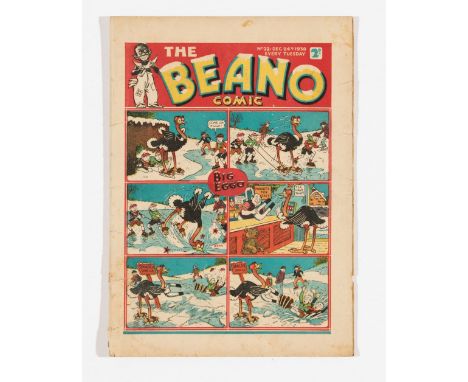 Beano No 22 (1938). Bright cover with 4 ins tear by lower spine. Cream/light tan pages with some light foxing spots. Two 3 in