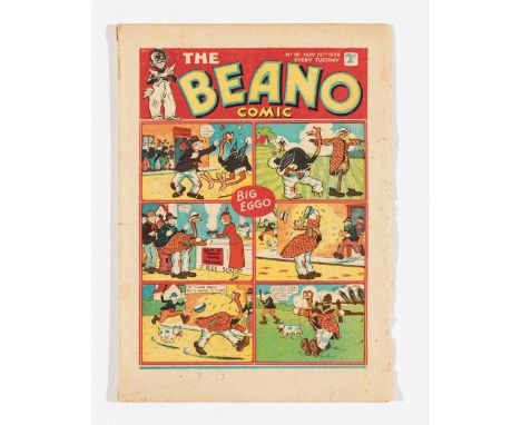 Beano No 16 (1938). Bright cover with 3 ins tear, cream pages with some light foxing spots [vg]