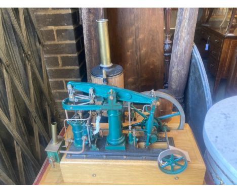   A scratch built live steam scale model Beam Engine and boiler, oak base 53.5 X 44.5 cm