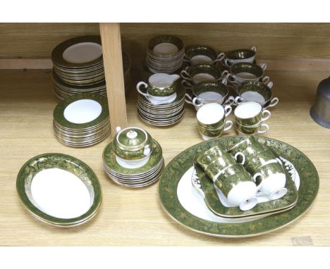   A Wedgwood Green Florentine pattern bone china part dinner and tea service, 110 pieces for a 12 place setting