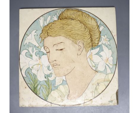   A large Victorian Minton tile, painted with a female portrait roundel, signed verso A. Speakman, 23cm