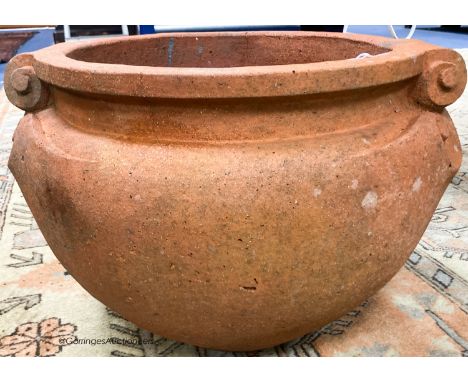   A Compton pottery terracotta scroll garden planter, impress marks, 50cm diameter, height 37cm