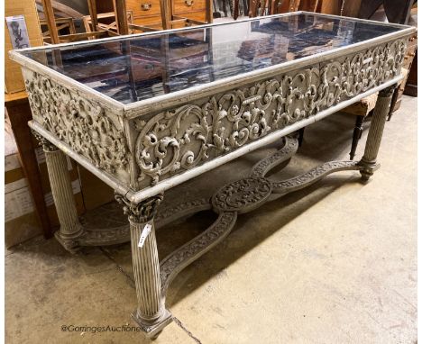   An 18th century style painted two drawer glass top console table, width 180cm, depth 73cm, height 95cm