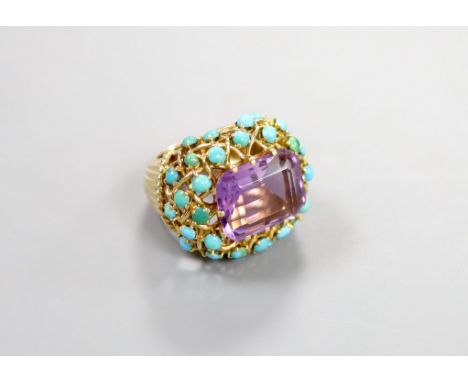   A French yellow metal (18ct poincon mark), amethyst and turquoise set cluster dress ring, with ribbed shank, size J, gross 