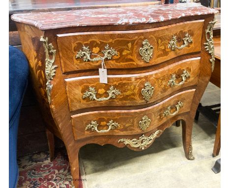   A Louis XV style marquetry inlaid marble top bombe commode, W.110cm D.45cm H.100cm