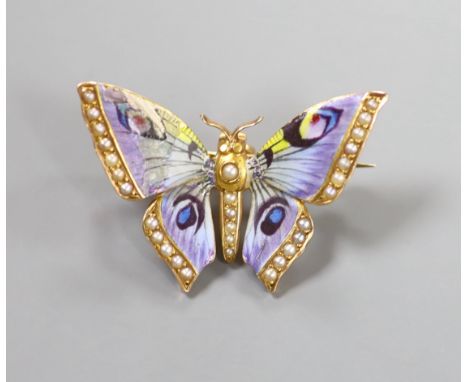   A yellow metal, enamel and split pearl set butterfly pendant brooch (enamel a.f.), 35mm, gross weight 6 grams.