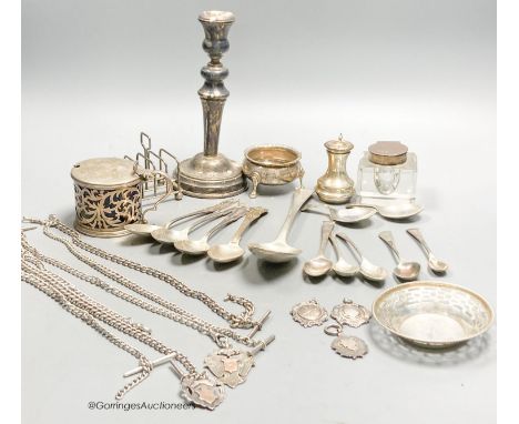   A collection of small silver, including a George V silver mustard, continental white metal and English silver flatware, toa