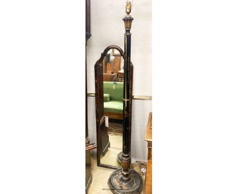   A 1930's lacquered lamp standard and a chinoserie lacquer robing mirror, W.38cm H.138cm