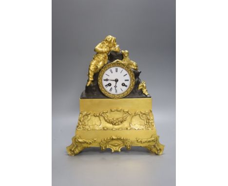   A 19th century French ormolu mantel clock, Marti movement count wheel striking on a bell, with pendulum, 31cm high