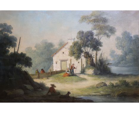   Continental school, 19th century oil on canvas, figures in a rustic landscape, 41 x 56 cm, unframed.